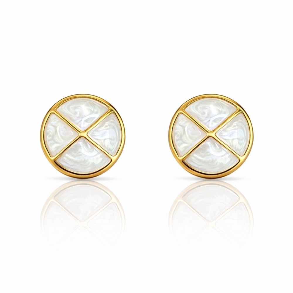 ⚜️ Gold Tone Mother-of-Pearl Round Stud Earrings - White